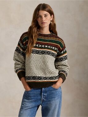 Vintage Fair Isle Pattern Crewneck Sweater in Cream, Black, Green, Brown
